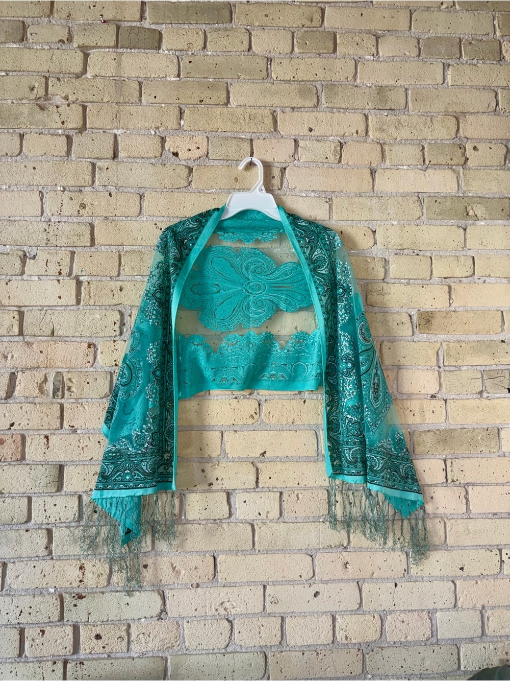 Teal Lace & Paisley Shawl Shrug with Fringe